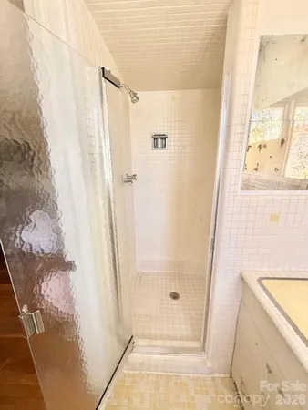 a bathroom with a shower and a tub