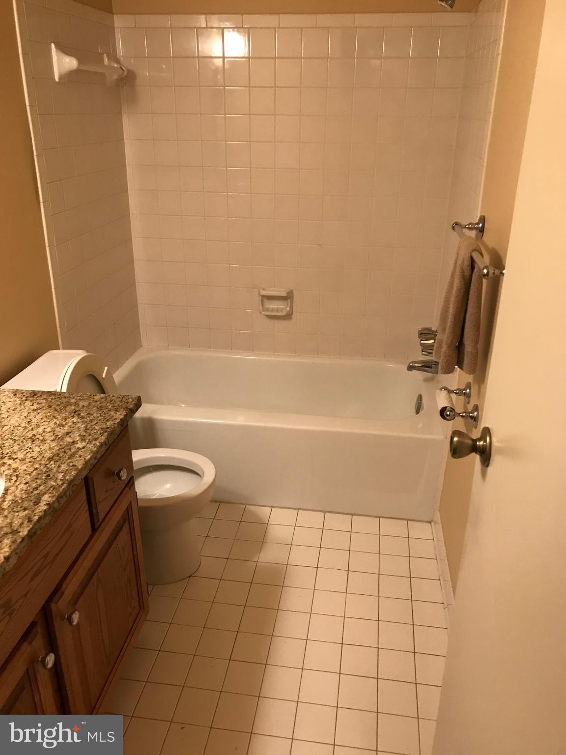 2817 Jermantown Road, Unit 203 Oakton, VA 22124 - Photo 18 of 22 a bathroom with a granite countertop sink a toilet and bathtub