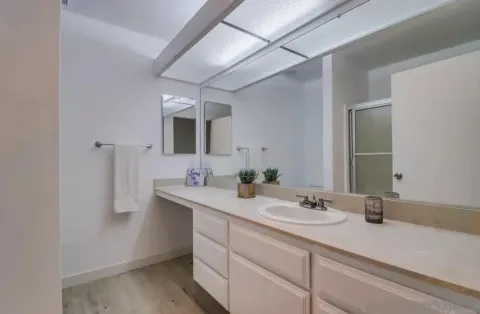 a bathroom with a sink double vanity and mirror
