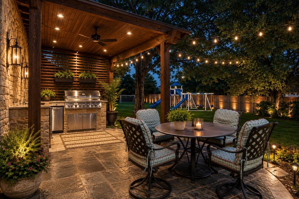 6413 Old Gate Road Plano, TX 75024 - Photo 36 of 39 a patio with a table and chairs and potted plants