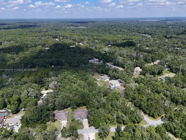 an aerial view of a houses with a yard and trees
