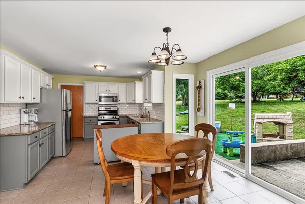 a view of a dining room with furniture window and outside view