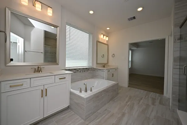 a bathroom with a bathtub and a shower