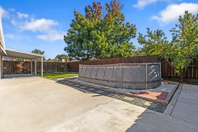 a view of a backyard with a tree
