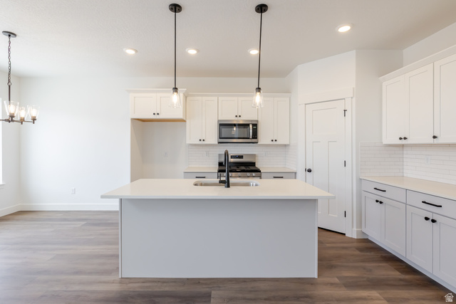 4812 Heartwood Road, Unit 424 Mapleton, UT 84664 - Photo 5 of 20 Kitchen with white cabinetry, stainless steel appliances, dark wood finished floors, and an island with sink