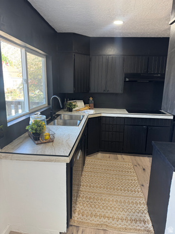 47 B Street Helper, UT 84526 - Photo 14 of 19 Contemporary kitchen featuring black cabinetry, light-toned countertops, a stainless steel double basin sink, and wood-finish flooring