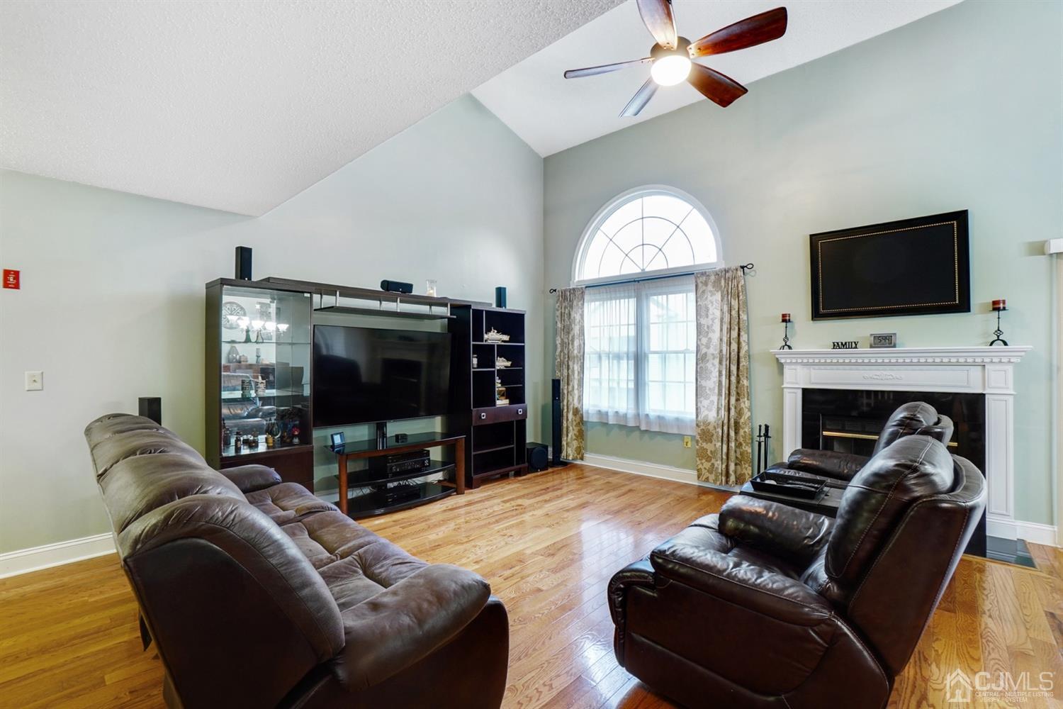 a living room with furniture a flat screen tv and a fireplace