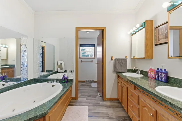 a bathroom with a granite countertop tub sink and mirror