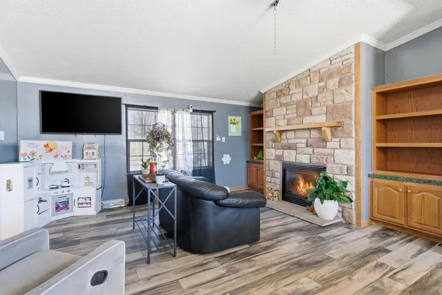 a living room with furniture a flat screen tv and a fireplace