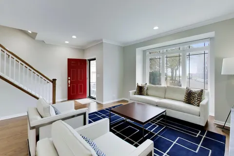 a living room with furniture a red rug and a window