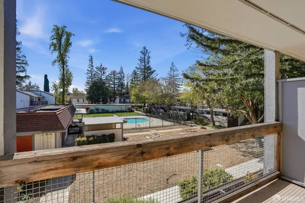 a view of a swimming pool with a yard