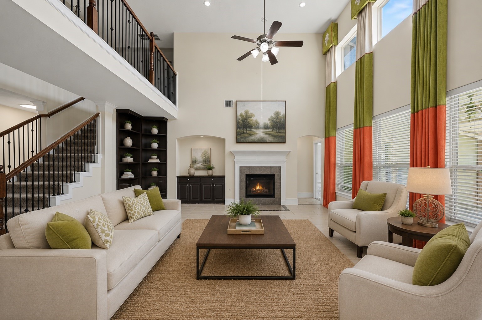 31325 Riley Woods Court Spring, TX 77386 - Photo 13 of 50 Two story living room with fireplace and abundant natural light. Virtually staged with AI generated furnishings. Room features and architectural elements have not been altered.