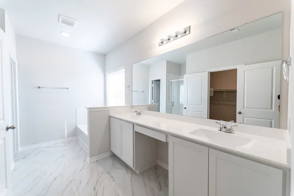 a bathroom with a sink double vanity and a mirror