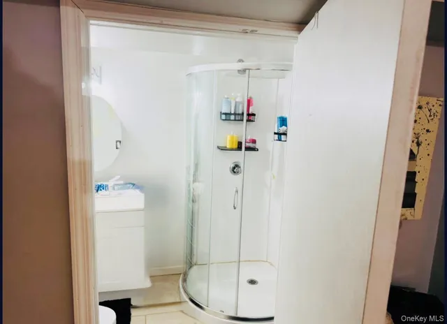 a bathroom with a shower and toilet