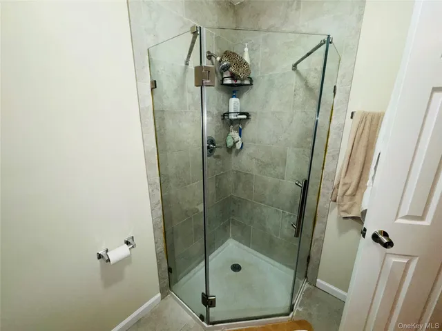 a bathroom with a shower and toilet