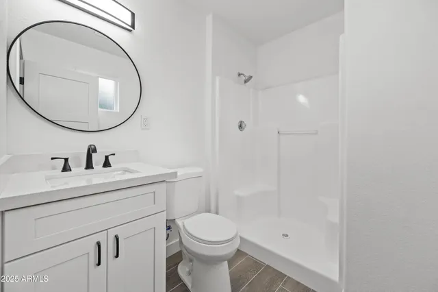 a bathroom with a toilet a sink a mirror and vanity