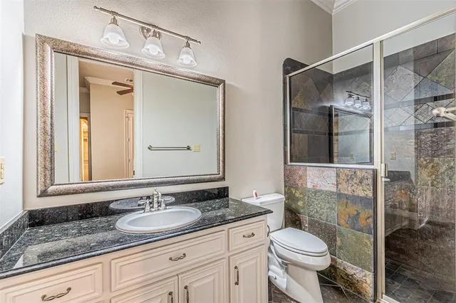 a bathroom with a granite countertop sink mirror vanity and toilet