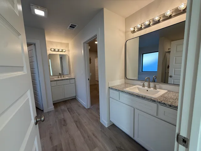 a bathroom with a granite countertop sink vanity and mirror