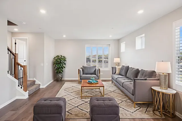 a living room with furniture and a potted plant