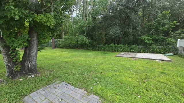 a view of a garden with trees