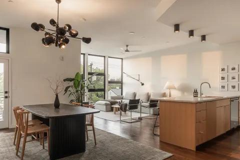 a living room with couches a chandelier and a potted plant