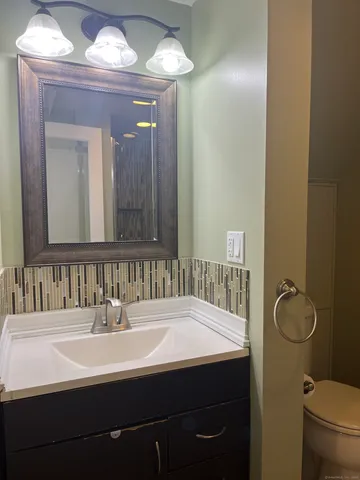 a bathroom with a sink a toilet and mirror