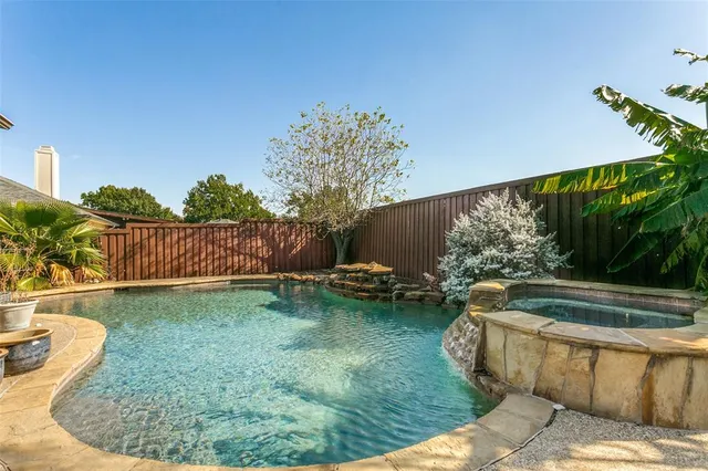 a view of a backyard with swimming pool