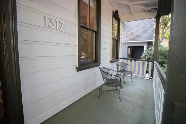 a view of a bench in the patio