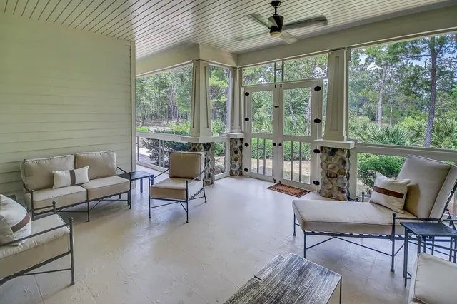 a building outdoor space with patio furniture