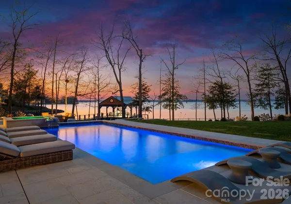 a view of swimming pool with outdoor seating and trees in the background