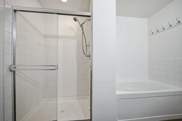 a bathroom with a shower and a bath tub