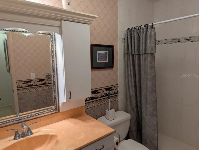 a bathroom with a shower and toilet