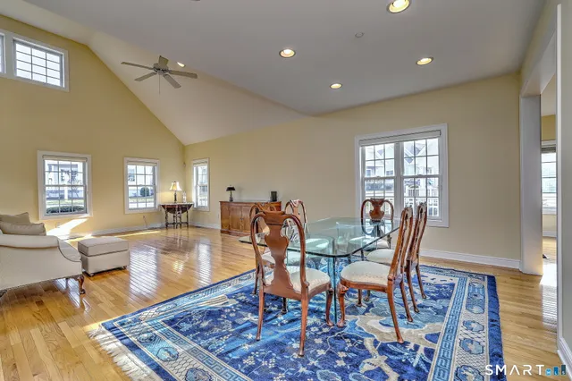 a view of a dining room with furniture