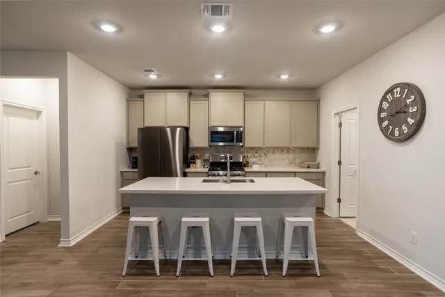 a view of a dining room with furniture