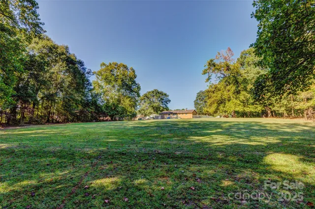 a yard with lots of green space and trees