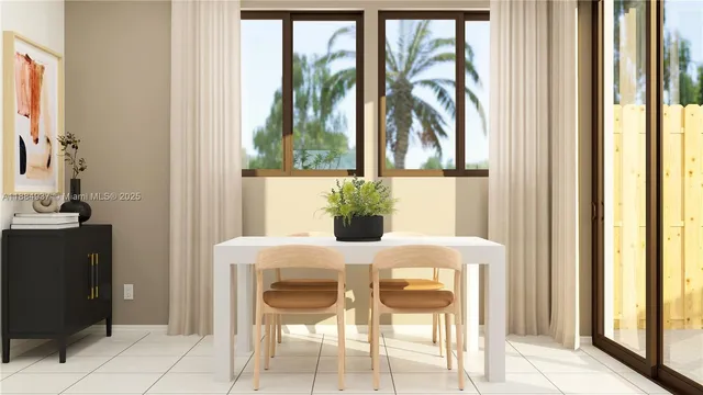 a dining room with furniture and large windows