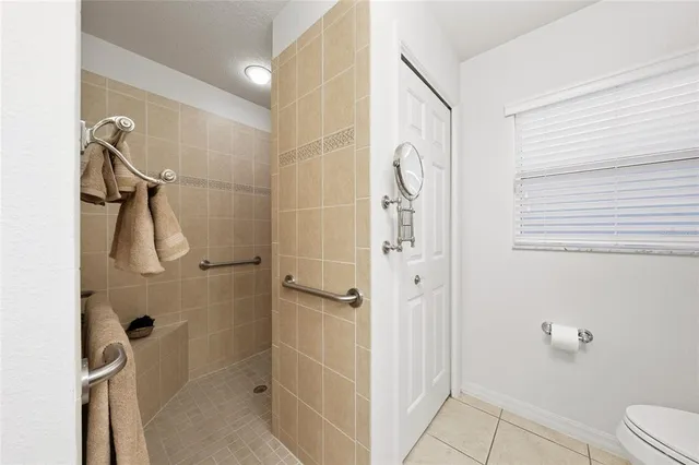 a bathroom with a shower and toilet