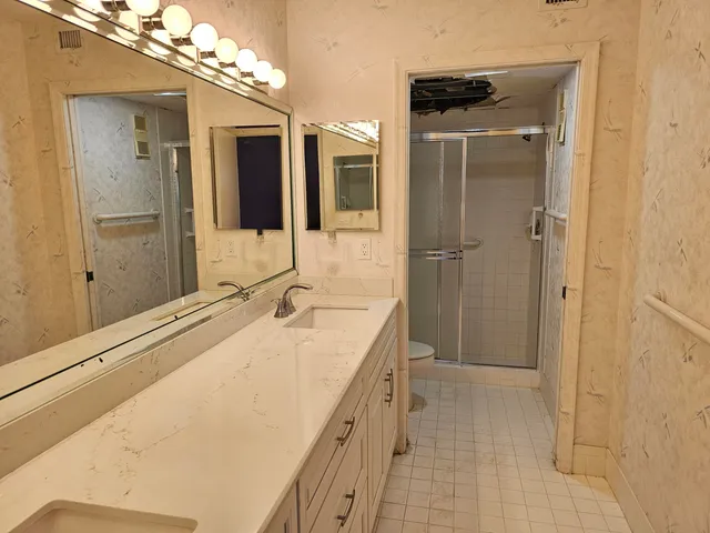 a bathroom with a sink a vanity and shower