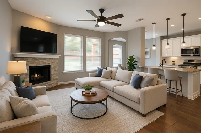 a living room with furniture a fireplace and a flat screen tv