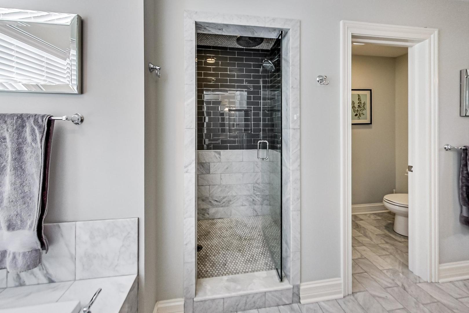 219 Clinton Avenue Elmhurst, IL 60126 - Photo 24 of 49 a bathroom with a granite countertop shower a mirror and a toilet