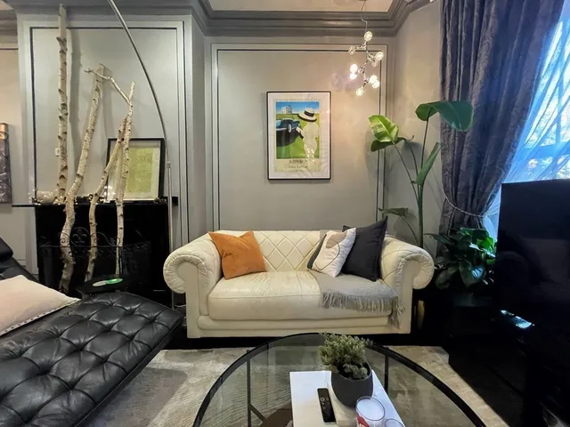 a living room with furniture flowerpot and a potted plant
