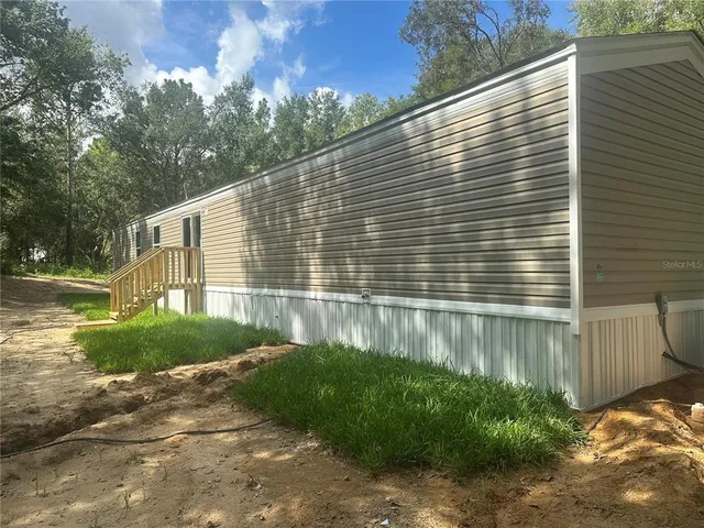 a view of a backyard with plants and large trees