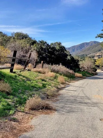 a view of a yard with wooden fence