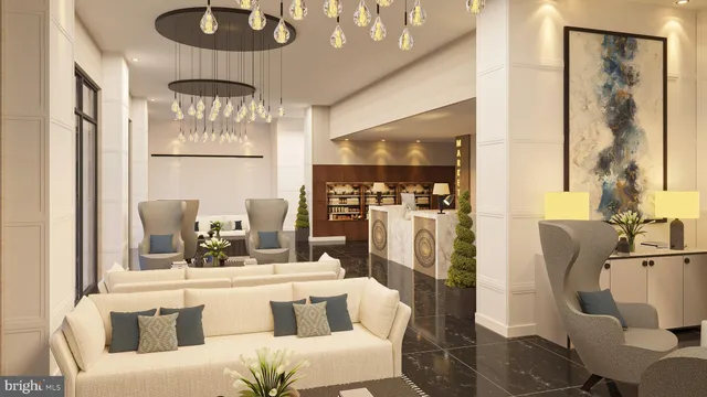 a living room with furniture a chandelier and a large mirror