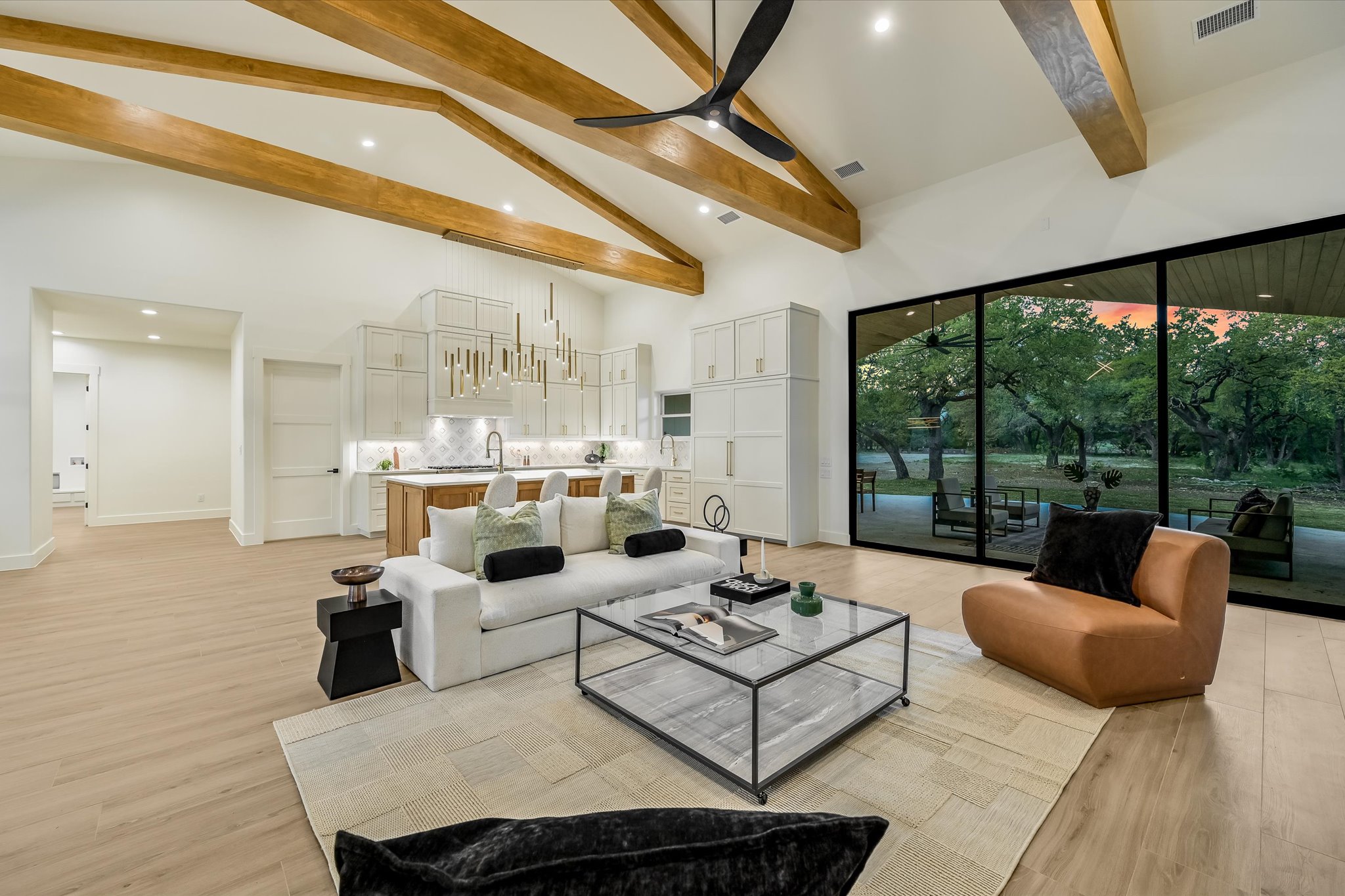 410 Shady Tree Drive Georgetown, TX 78633 - Photo 6 of 40 Living room featuring ceiling fan, light wood-style floors, lofted ceiling, and recessed lighting