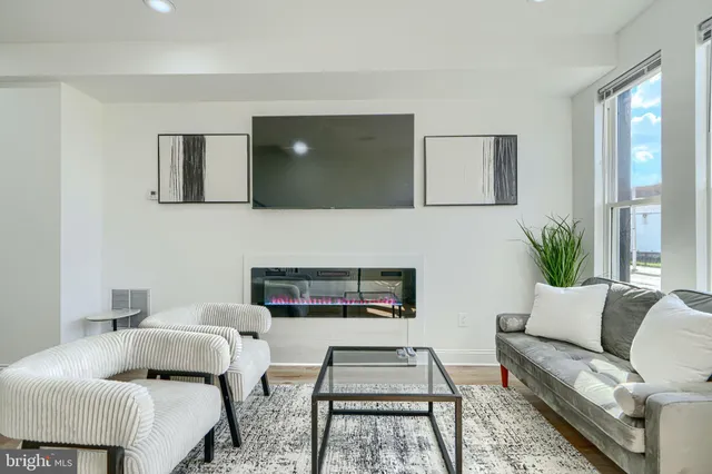 a living room with furniture and a potted plant