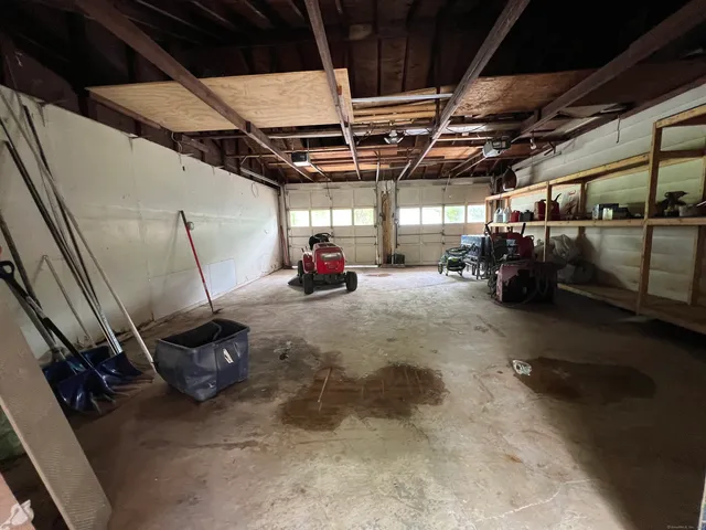 a view of a garage with storage