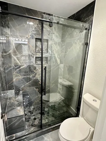 a bathroom with a shower and toilet