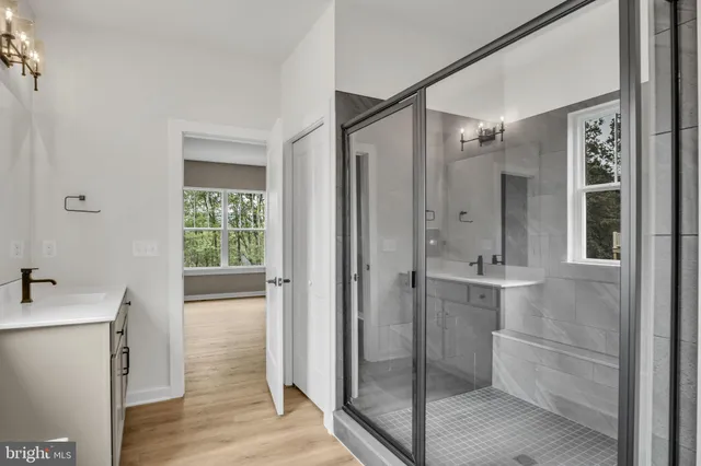 a bathroom with a shower and a sink