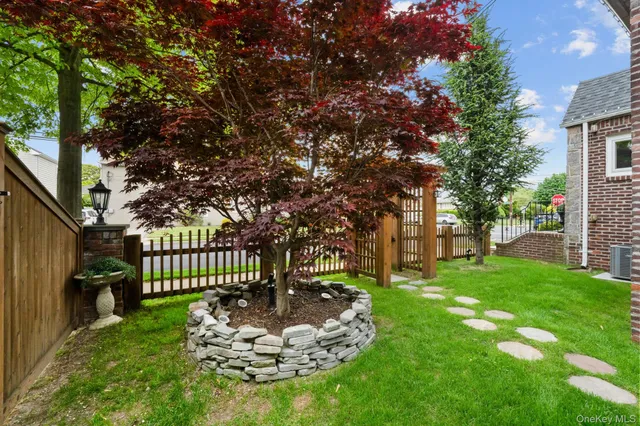 a view of a garden with a fountain
